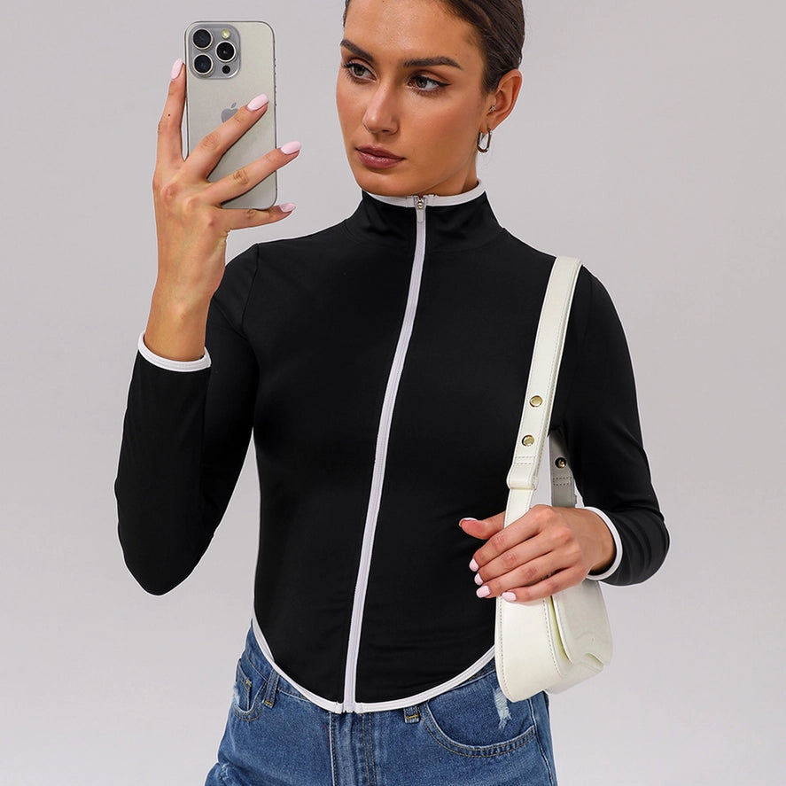 Women Color Block Full Zipper Training Yoga Sport Jacket