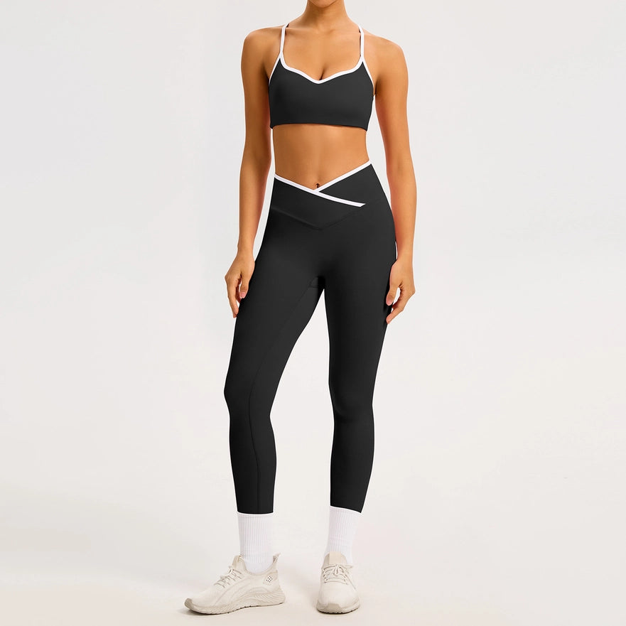Color-Block Crossover-Waist Sports Bra & Leggings Set