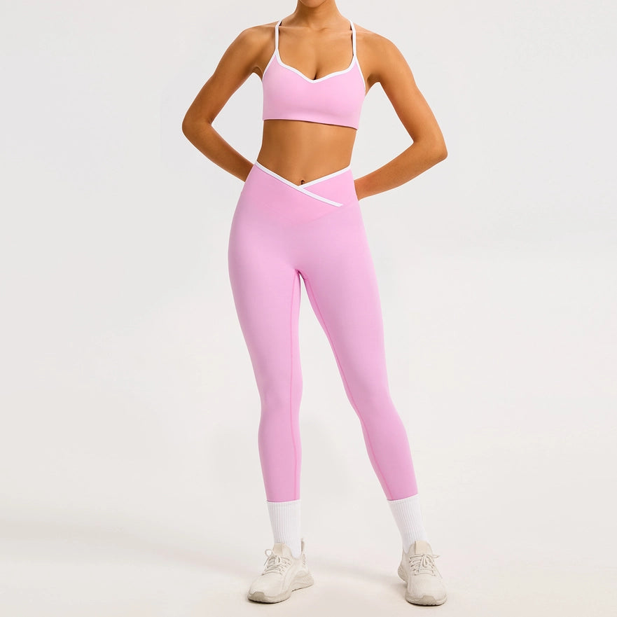 Color-Block Crossover-Waist Sports Bra & Leggings Set
