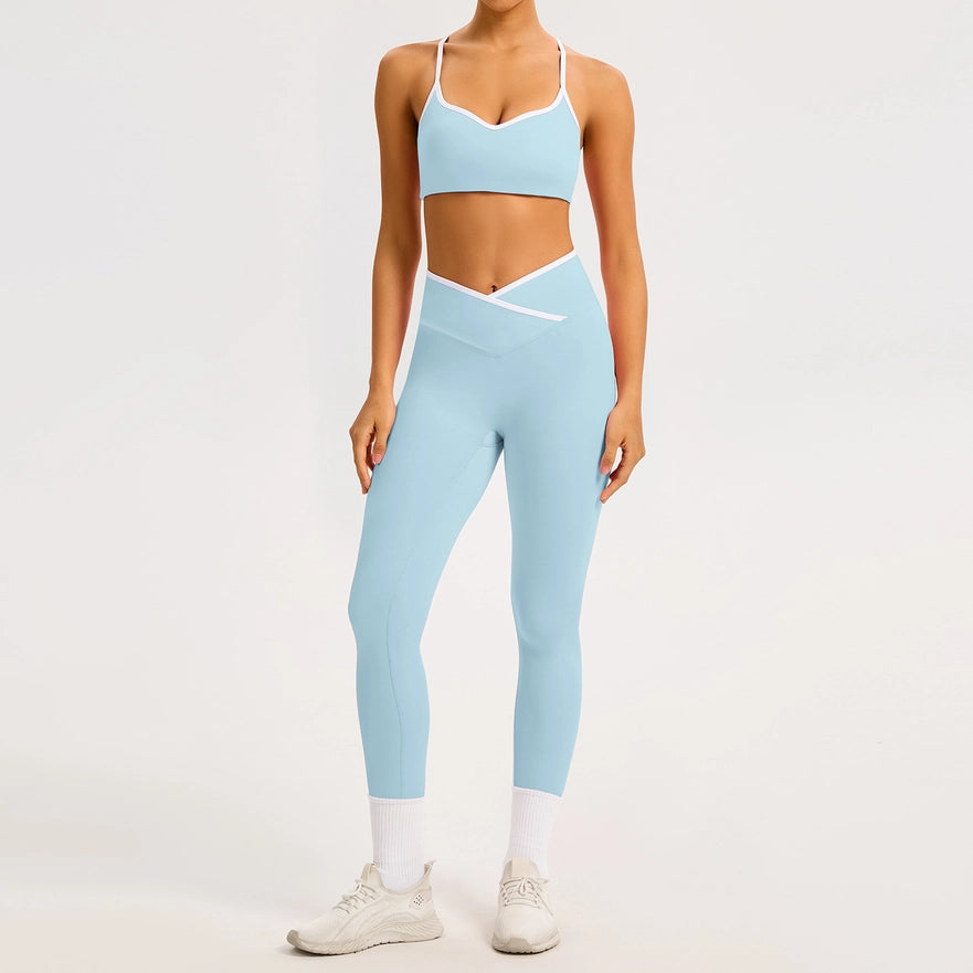 Color-Block Crossover-Waist Sports Bra & Leggings Set