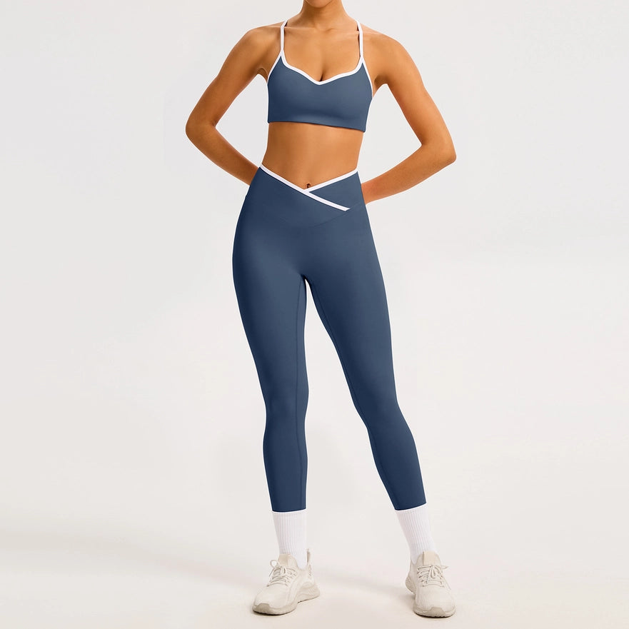 Color-Block Crossover-Waist Sports Bra & Leggings Set