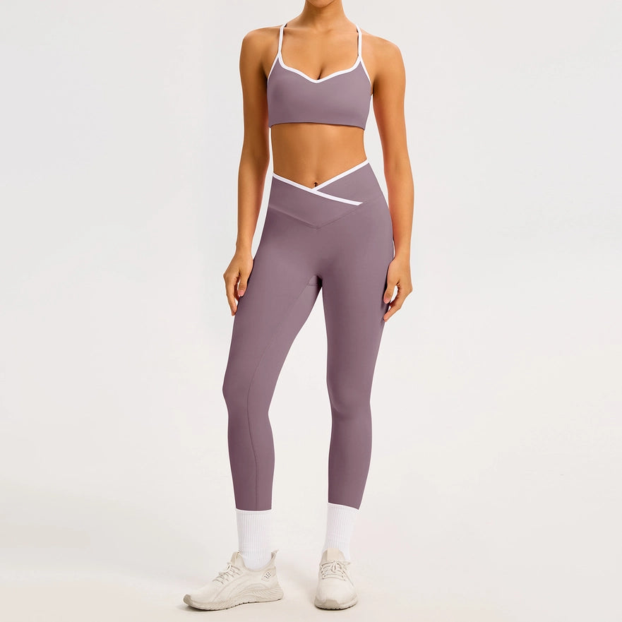 Color-Block Crossover-Waist Sports Bra & Leggings Set