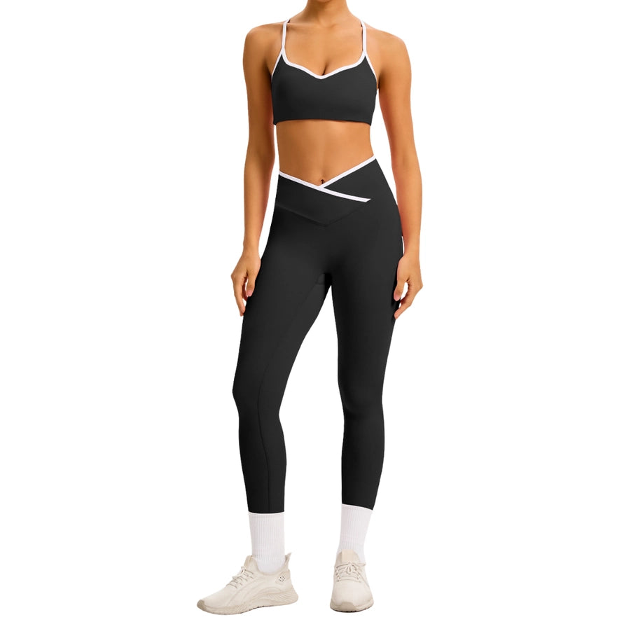 Color-Block Crossover-Waist Sports Bra & Leggings Set