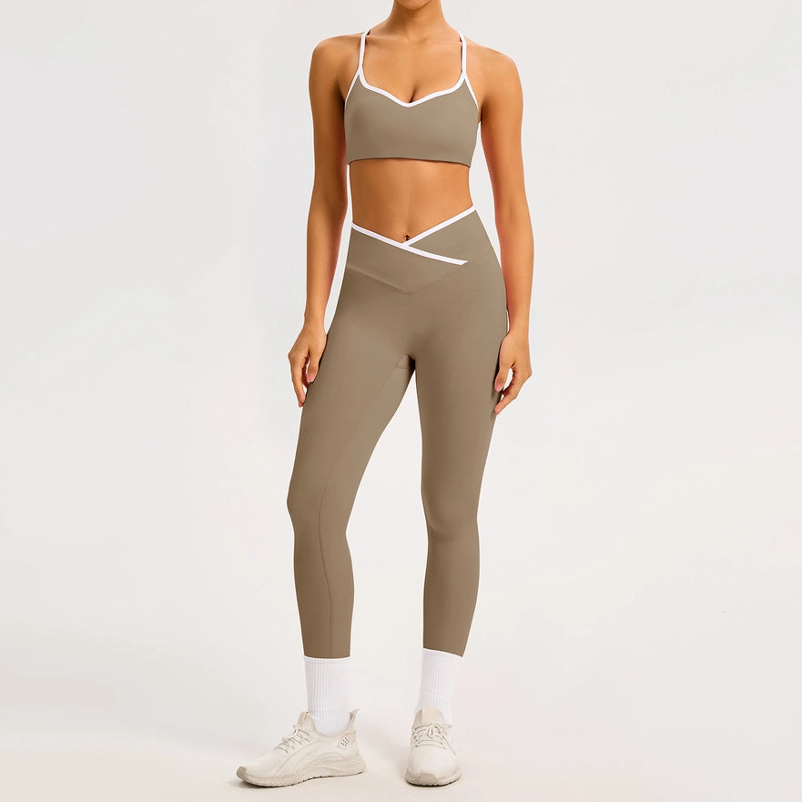 Color-Block Crossover-Waist Sports Bra & Leggings Set