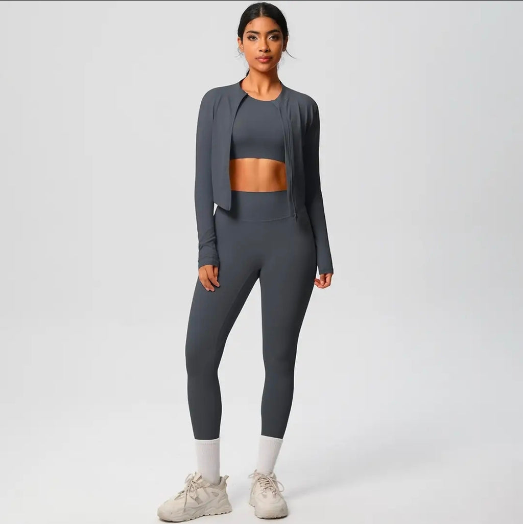 Women's 3-Piece Seamless Workout Set - Long Sleeve Zip Jacket, Crop Top & Leggings | Athletic Activewear