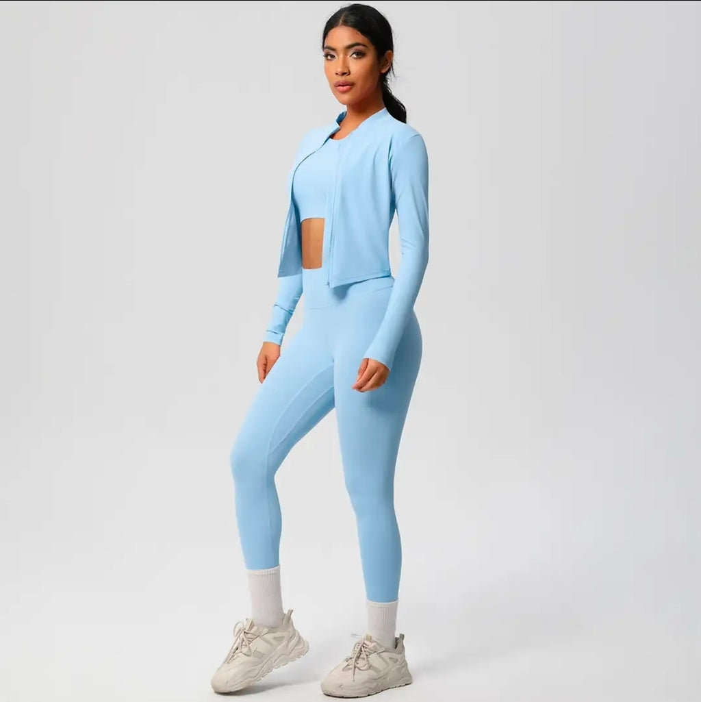 Women's 3-Piece Seamless Workout Set - Long Sleeve Zip Jacket, Crop Top & Leggings | Athletic Activewear