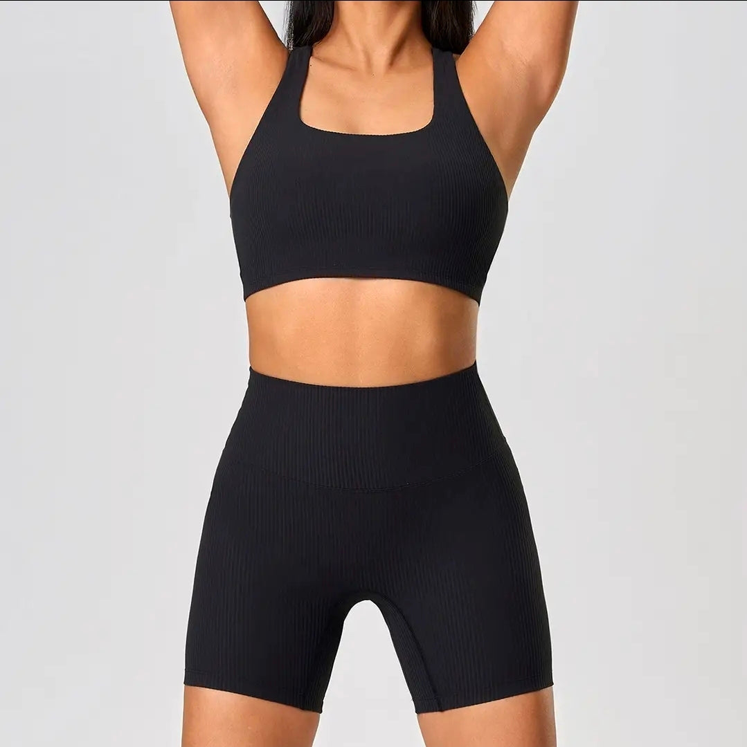Women's Ribbed Seamless Workout Set - High Waisted Shorts & Sports Bra | 2 Piece Activewear