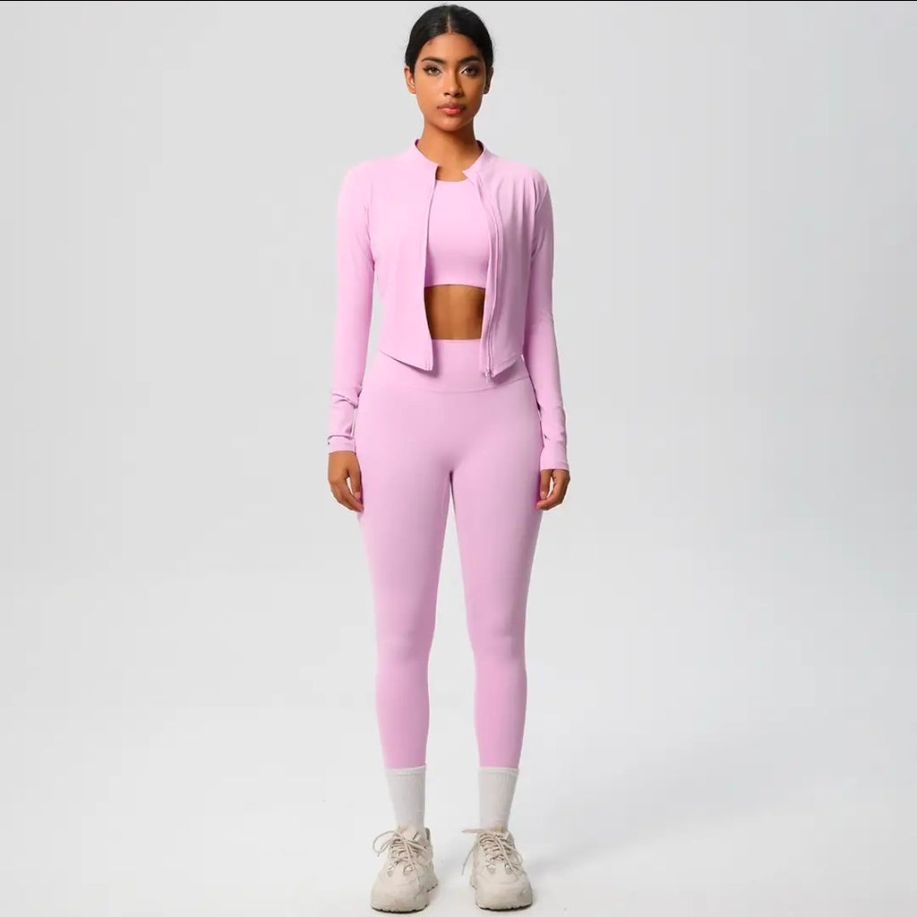 Women's 3-Piece Seamless Workout Set - Long Sleeve Zip Jacket, Crop Top & Leggings | Athletic Activewear