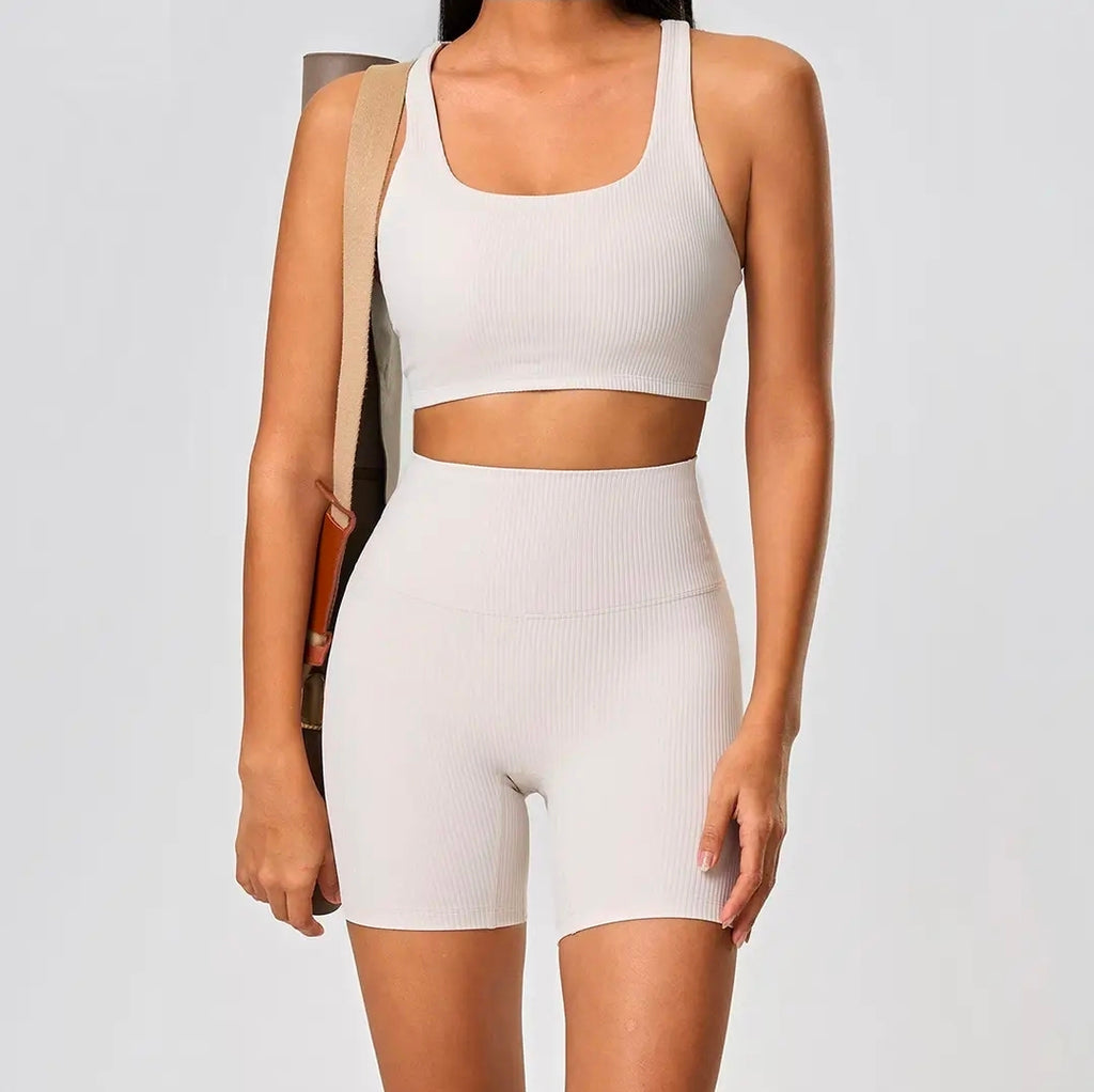 Women's Ribbed Seamless Workout Set - High Waisted Shorts & Sports Bra | 2 Piece Activewear