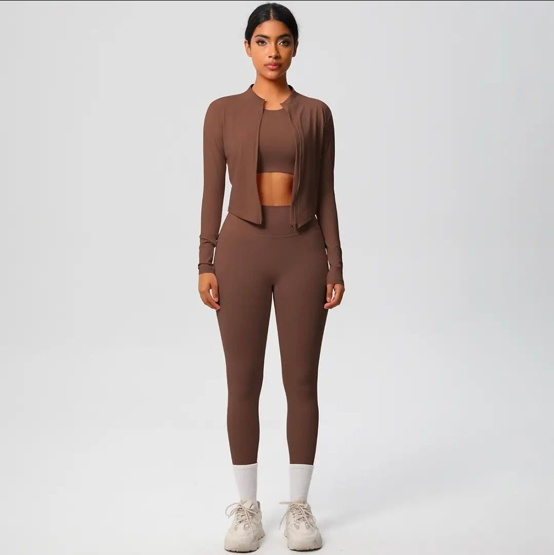 Women's 3-Piece Seamless Workout Set - Long Sleeve Zip Jacket, Crop Top & Leggings | Athletic Activewear