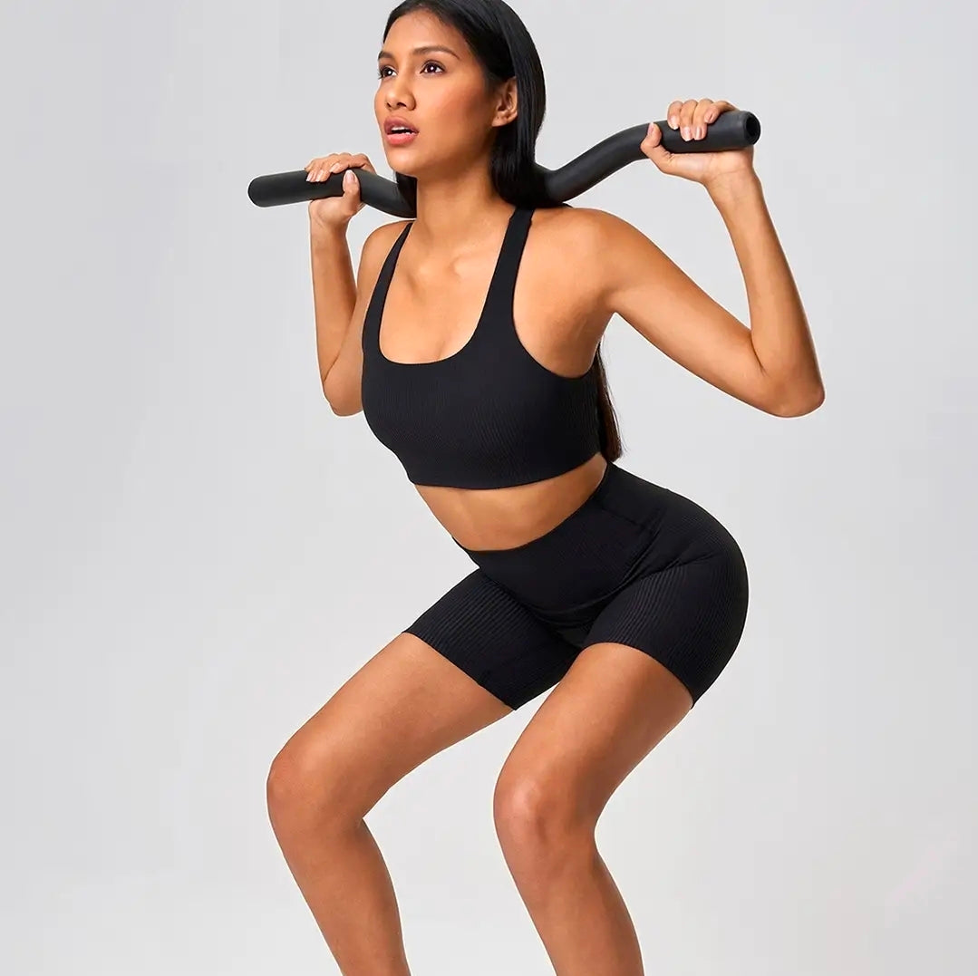 Women's Ribbed Seamless Workout Set - High Waisted Shorts & Sports Bra | 2 Piece Activewear