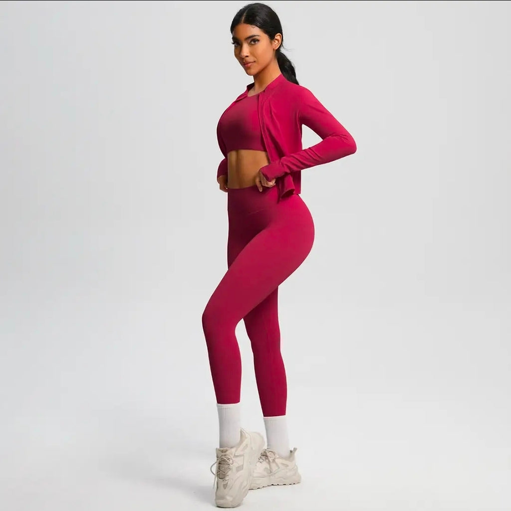 Women's 3-Piece Seamless Workout Set - Long Sleeve Zip Jacket, Crop Top & Leggings | Athletic Activewear