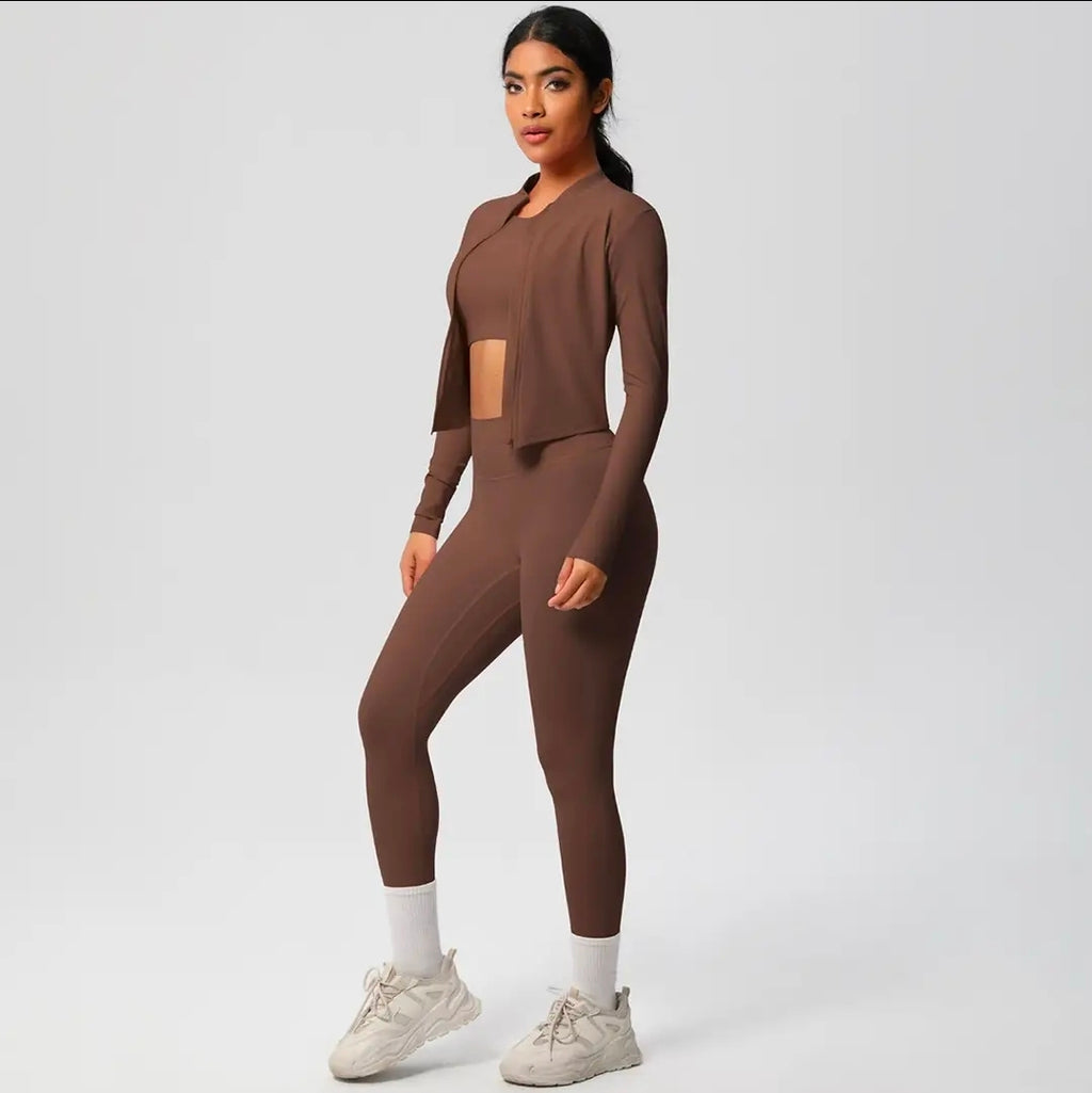 Women's 3-Piece Seamless Workout Set - Long Sleeve Zip Jacket, Crop Top & Leggings | Athletic Activewear