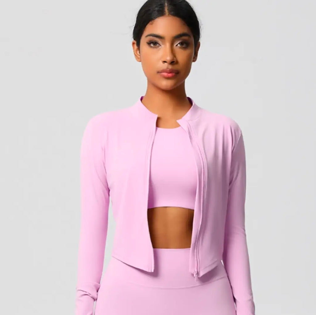 Women's 3-Piece Seamless Workout Set - Long Sleeve Zip Jacket, Crop Top & Leggings | Athletic Activewear