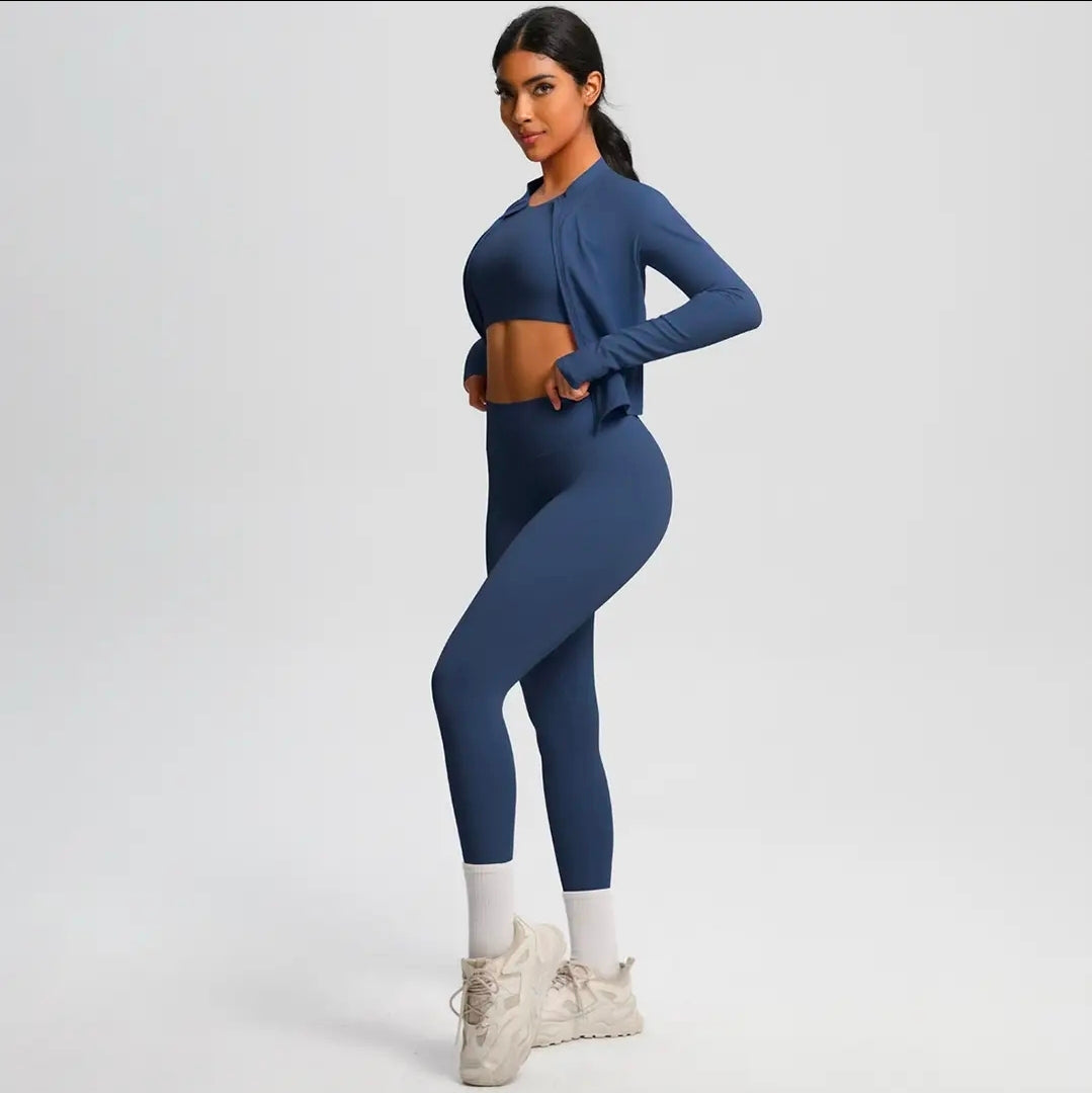 Women's 3-Piece Seamless Workout Set - Long Sleeve Zip Jacket, Crop Top & Leggings | Athletic Activewear