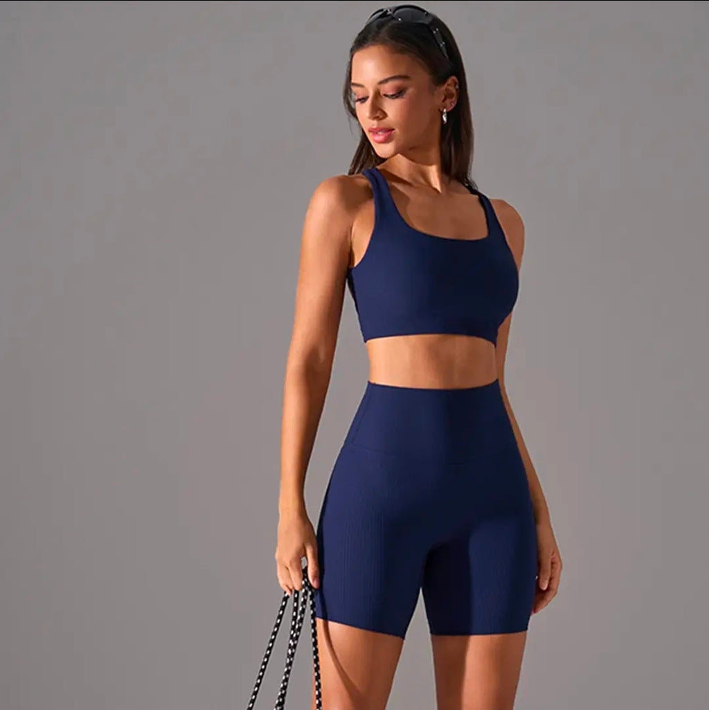 Women's Ribbed Seamless Workout Set - High Waisted Shorts & Sports Bra | 2 Piece Activewear