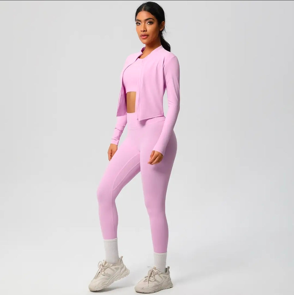 Women's 3-Piece Seamless Workout Set - Long Sleeve Zip Jacket, Crop Top & Leggings | Athletic Activewear