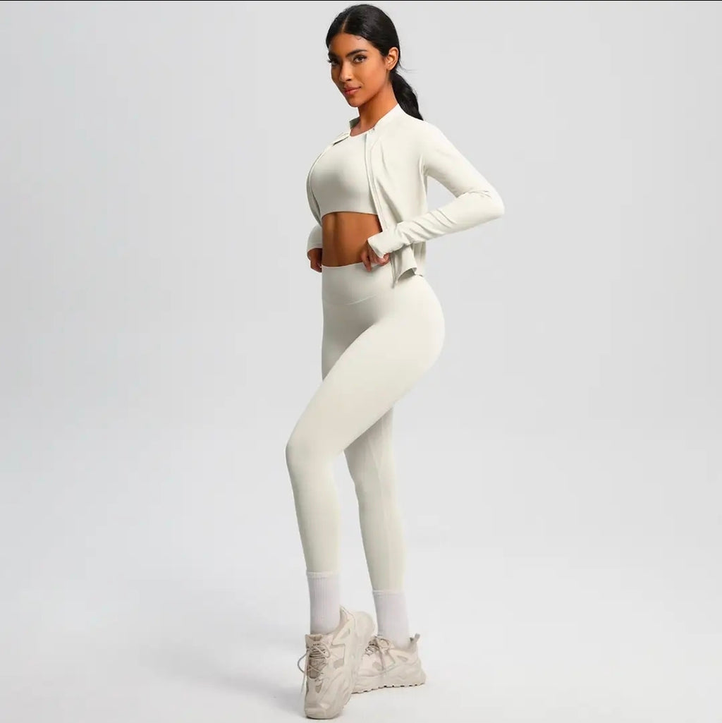 Women's 3-Piece Seamless Workout Set - Long Sleeve Zip Jacket, Crop Top & Leggings | Athletic Activewear