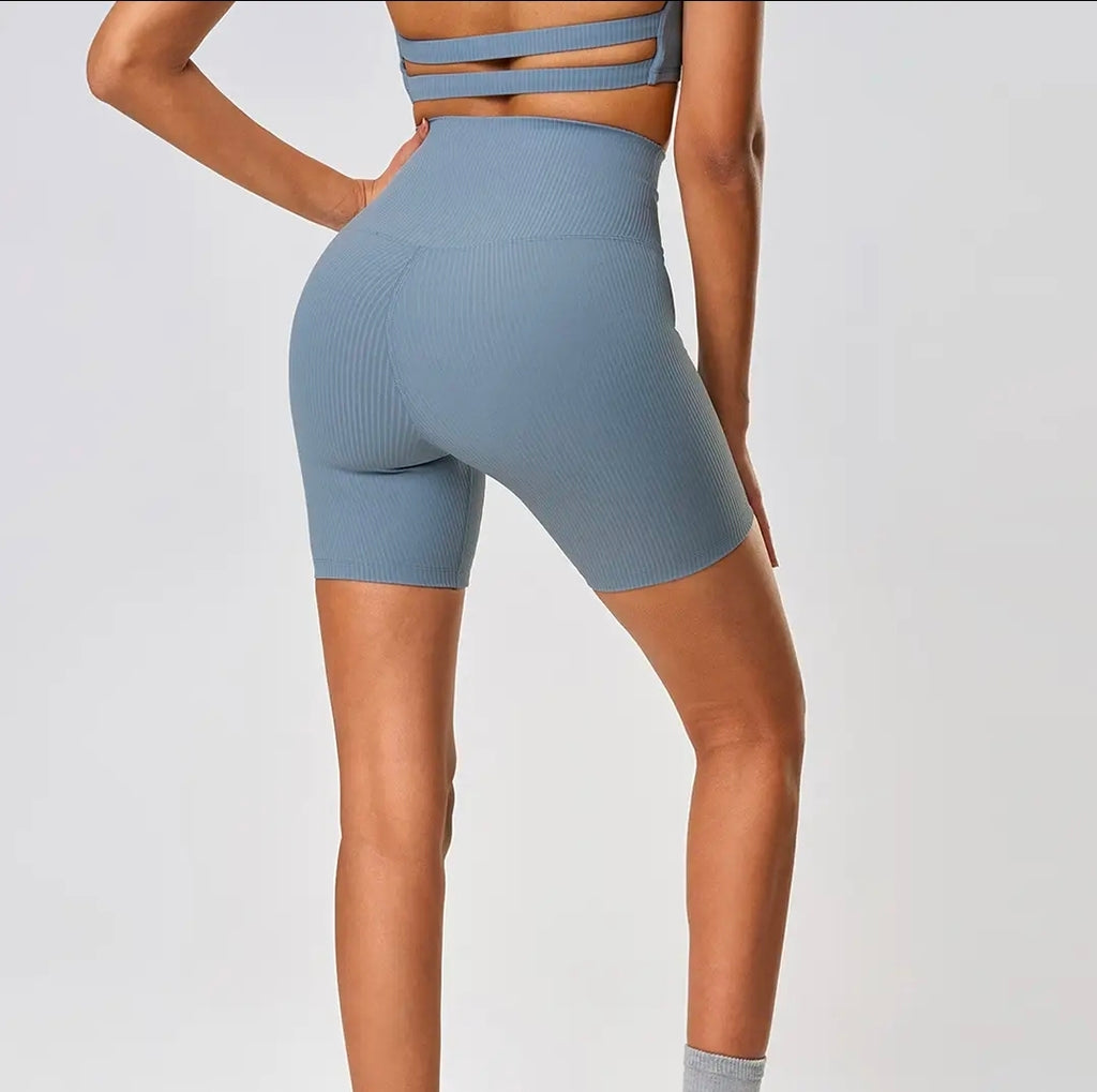 Women's Ribbed Seamless Workout Set - High Waisted Shorts & Sports Bra | 2 Piece Activewear