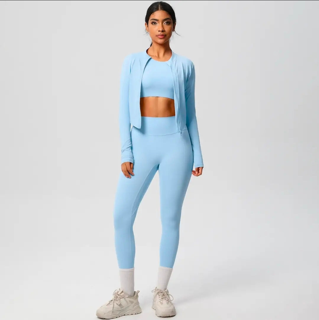 Women's 3-Piece Seamless Workout Set - Long Sleeve Zip Jacket, Crop Top & Leggings | Athletic Activewear