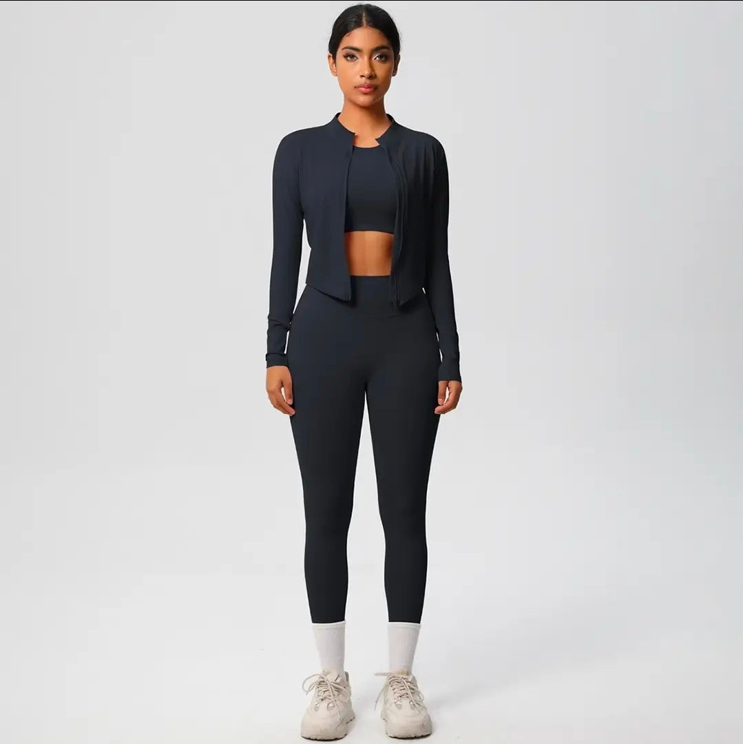 Women's 3-Piece Seamless Workout Set - Long Sleeve Zip Jacket, Crop Top & Leggings | Athletic Activewear