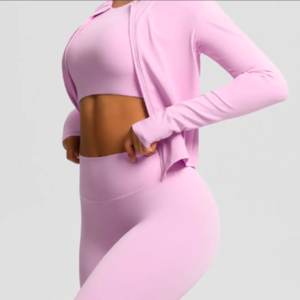 Women's 3-Piece Seamless Workout Set - Long Sleeve Zip Jacket, Crop Top & Leggings | Athletic Activewear