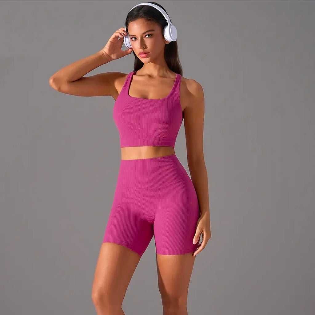 Women's Ribbed Seamless Workout Set - High Waisted Shorts & Sports Bra | 2 Piece Activewear