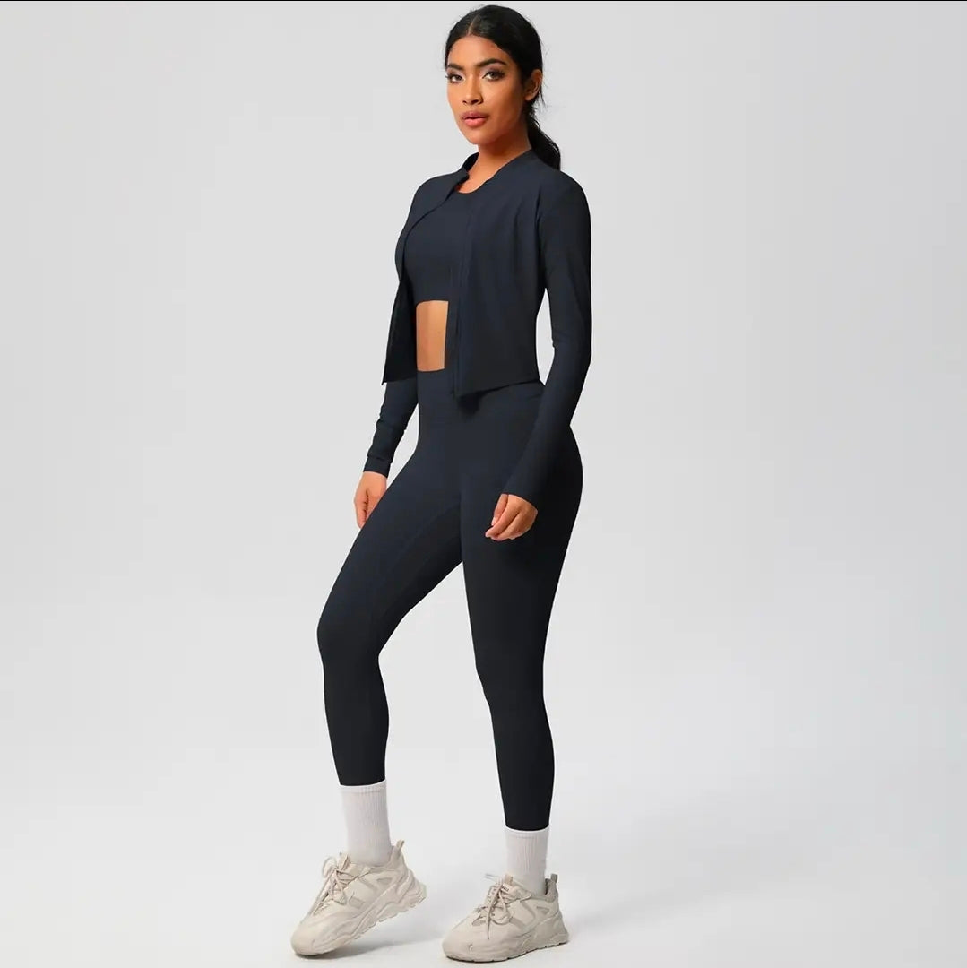 Women's 3-Piece Seamless Workout Set - Long Sleeve Zip Jacket, Crop Top & Leggings | Athletic Activewear