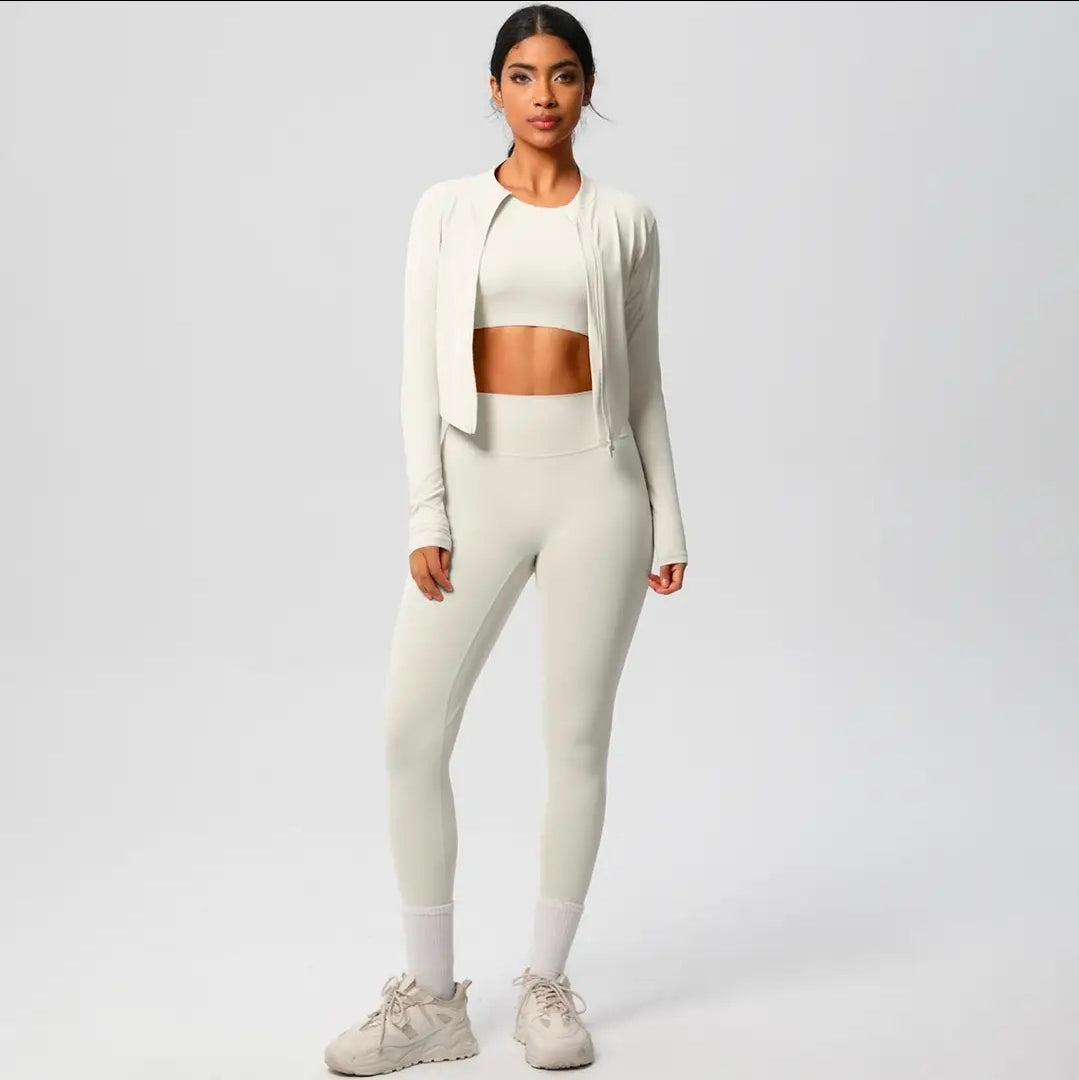 Women's 3-Piece Seamless Workout Set - Long Sleeve Zip Jacket, Crop Top & Leggings | Athletic Activewear
