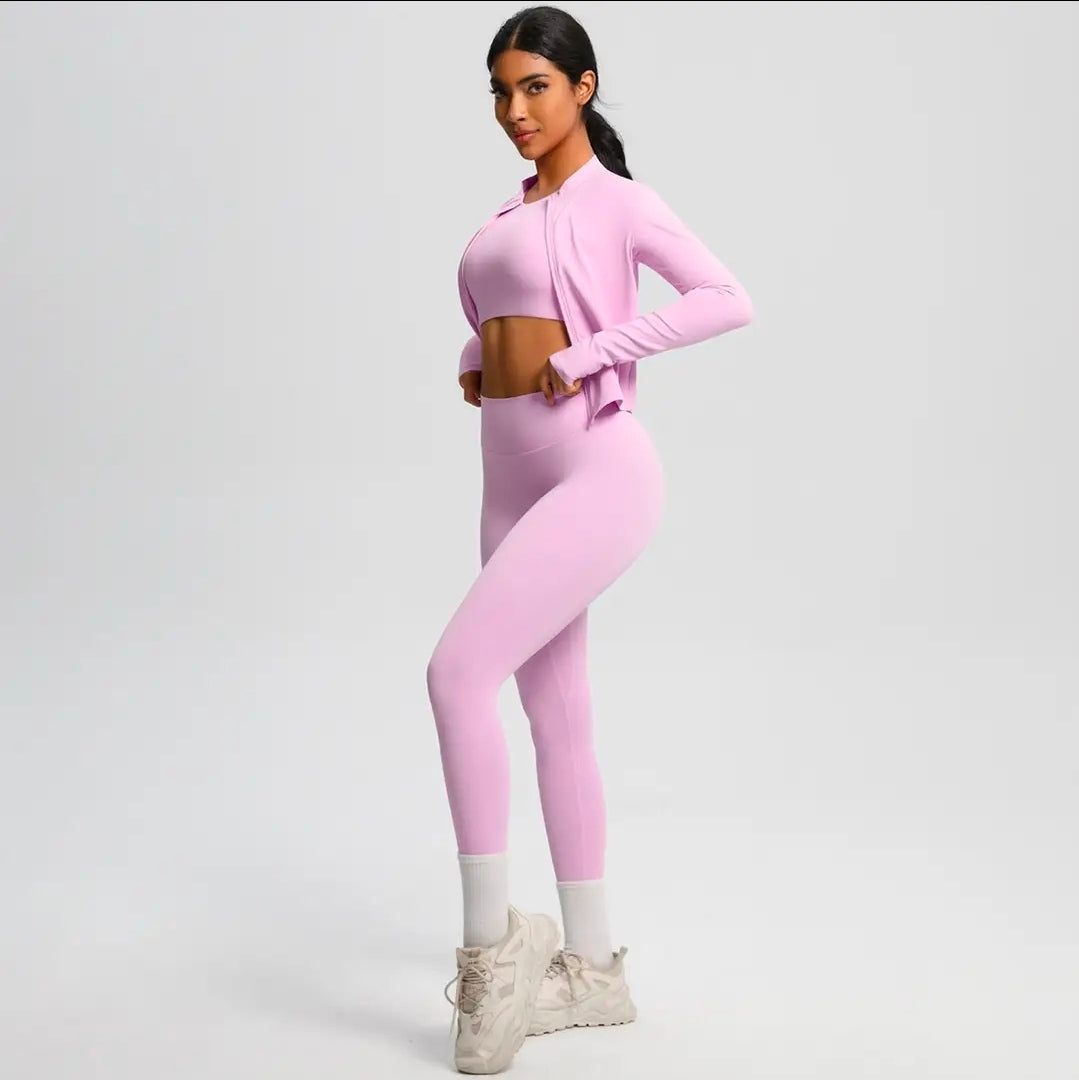 Women's 3-Piece Seamless Workout Set - Long Sleeve Zip Jacket, Crop Top & Leggings | Athletic Activewear